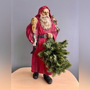 Beautiful Olde World Santa Claus Holding a Christmas Tree and Carrying a Basket